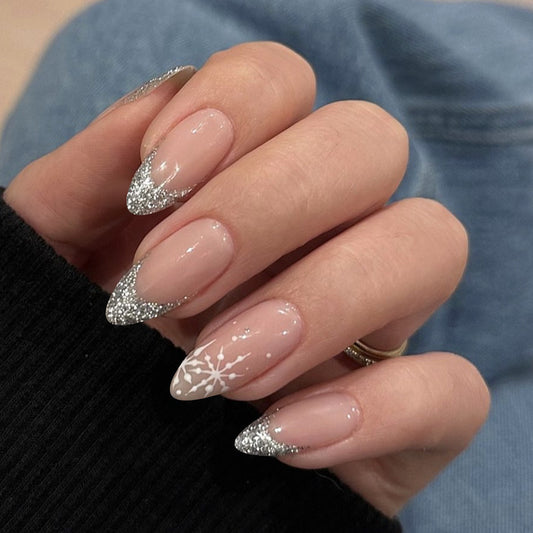 Winter Wonderland Sharp Silver Glitter Gradient Medium Almond Press-On Nail Set with Elegant Snowflake Design
