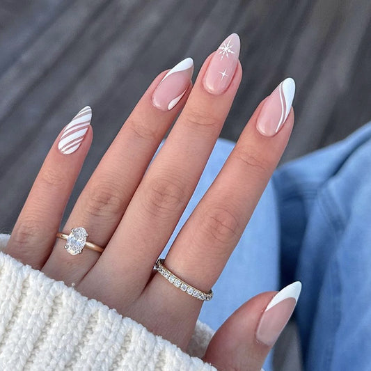 Glistening Winter Dreams Medium Almond Shape Blush Pink with Elegant White Accents Nail Set