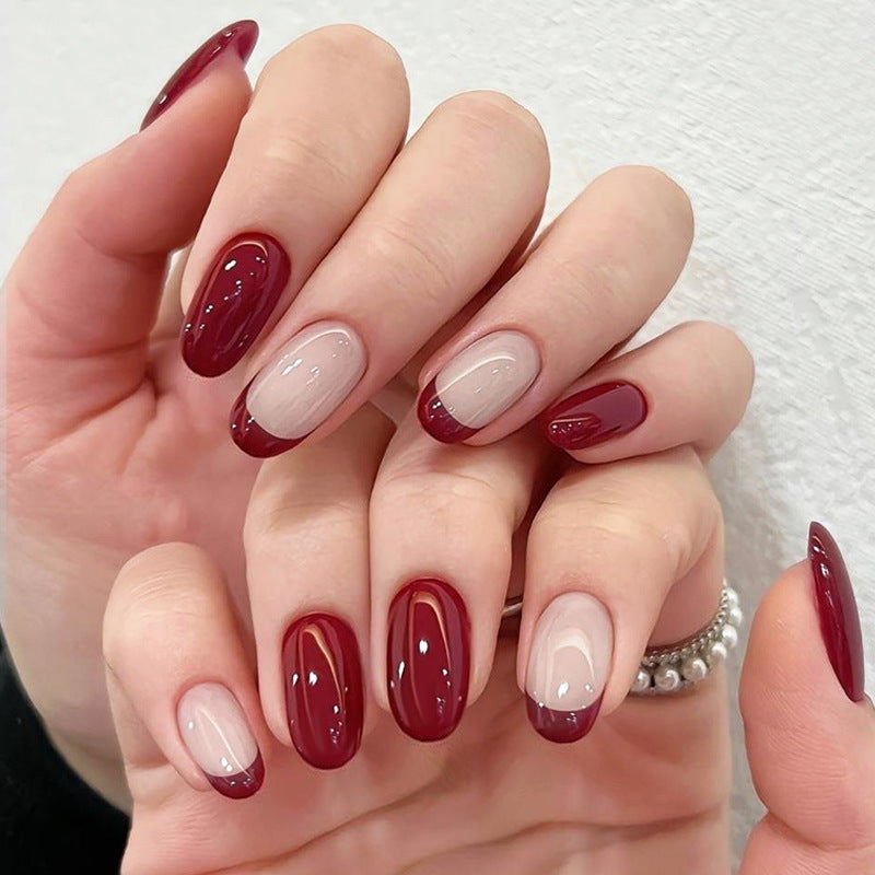 Chic Elegance Medium Round Burgundy and Beige Press-On Nail Set with Glossy Finish