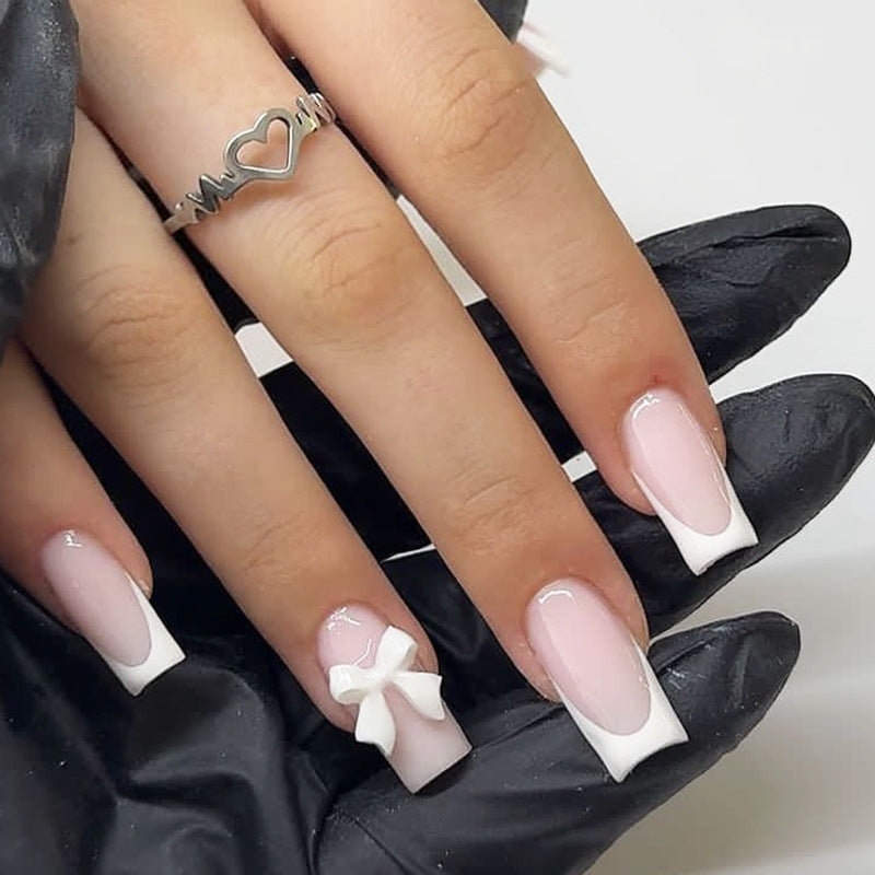 Chic Elegance Medium Square Pink and White Press On Nail Set with Playful Bow Detail