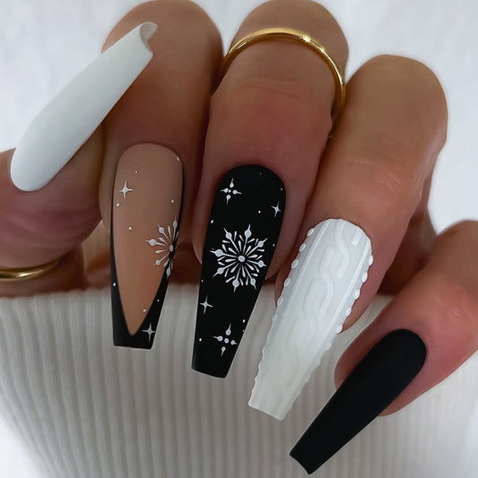 Winter Wonderland Elegant Long Coffin Shaped Monochrome Press On Nail Set with Intricate Snowflake Designs