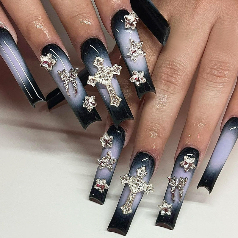 Gothic Elegance Long Square Black Ombre Press On Nail Set with Stunning Gem Crosses and Stars