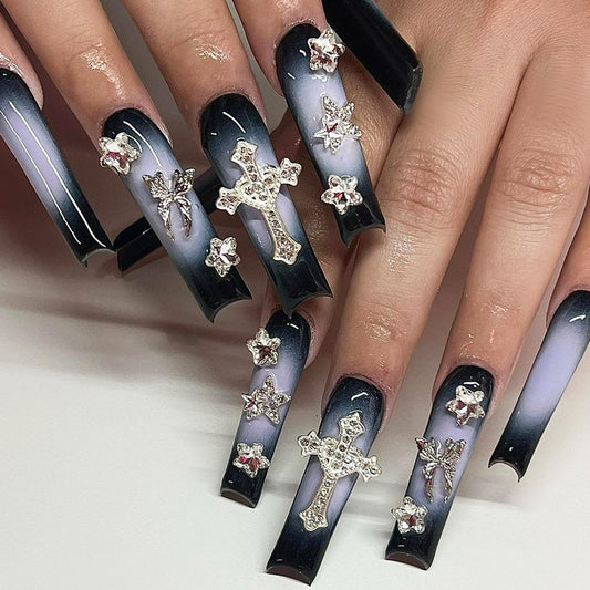 Gothic Elegance Long Square Black Ombre Press On Nail Set with Stunning Gem Crosses and Stars