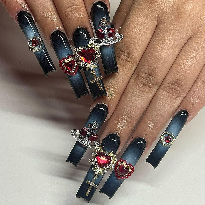 Regal Elegance Extra Long Square Black Ombre Press On Nail Set with Charming Heart and Crown Embellishments