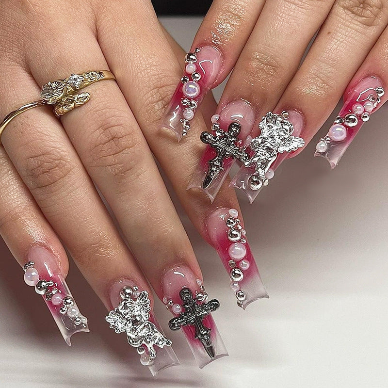 Divine Elegance Long Square Pink Square Press On Nails with Charms and Pearls