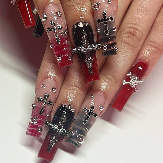 Gothic Elegance Long Square Red Black Press On Nail Set with Intricate Silver Cross and Stud Detailing