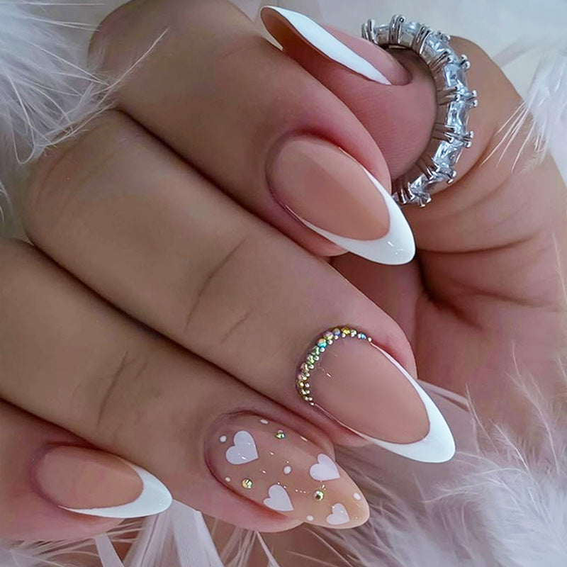 Charming Romance Short Almond Shaped Soft Beige and White Press on Nail Set with Sparkling Heart Design