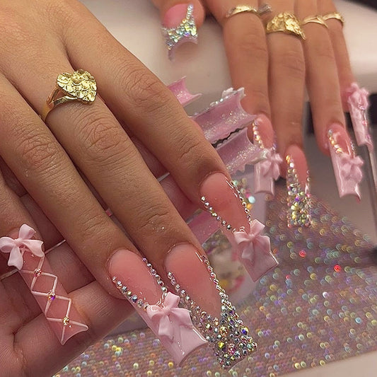 Romantic Elegance Long Square Pastel Pink with Adorned Bows and Sparkling Rhinestones Press On Nail Set