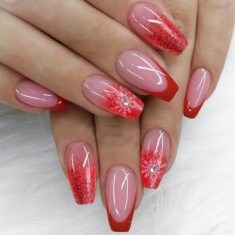 Glistening Winter Wonderland Medium Square Red Ombre Press-On Nail Set with Glitter and Gem Accents