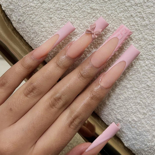 Chic Blossom Long Square Pink Press On Nail Set with Unique Cutout Design and Floral Accent