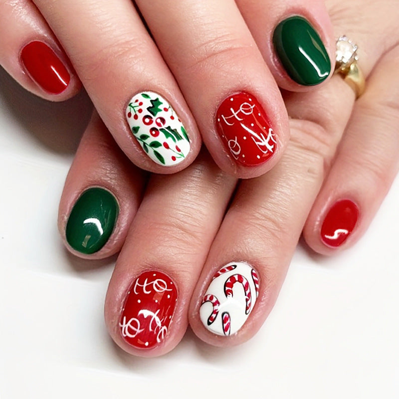 Festive Holiday Elegance Glossy Short Round Red and Green with Whimsical Candy Cane Design Press On Nail Set