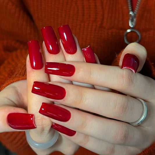 Vampire Elegance Long Square Bold Red Glossy Press On Nail Set