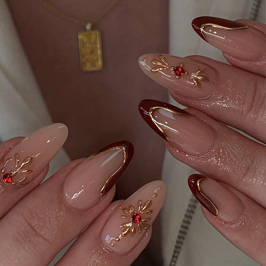 Glamorous Elegance Medium Almond Shape Elegant Beige with Gold Accents and Red Gems Press-On Nail Set