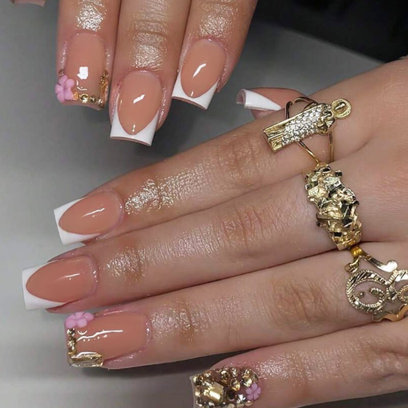 Glamorous Elegance Medium Square Beige Press On Nails with Dazzling White Tips and Floral Embellishments