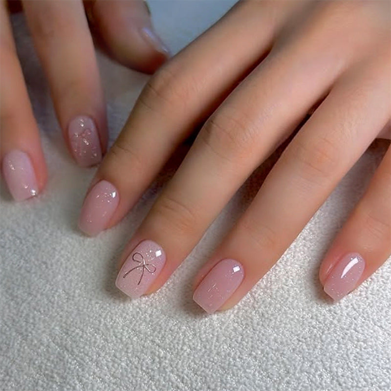 Charming Elegance Short Coffin Blush Pink with Glitter and Bow Detail Press on Nail Set