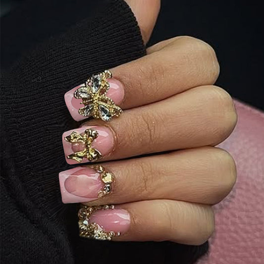 Enchanting Elegance Medium Square Pink with Sparkling Butterfly Accents Press-On Nail Set