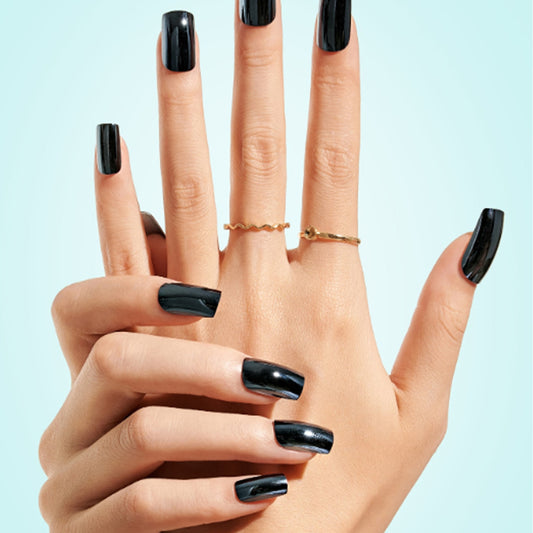 Midnight Elegance Long Square Black Press On Nail Set with Glossy Finish