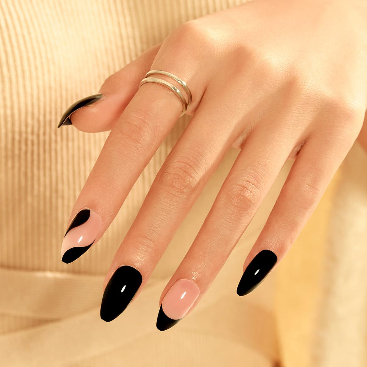 Gothic Elegance Extra Long Coffin Black and Beige Press On Nail Set with Unique Side Swirl Design