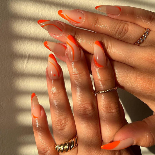 Vibrant Sunset Medium Almond Shaped Beige and Orange Striped Press on Nail Set with Glossy Finish