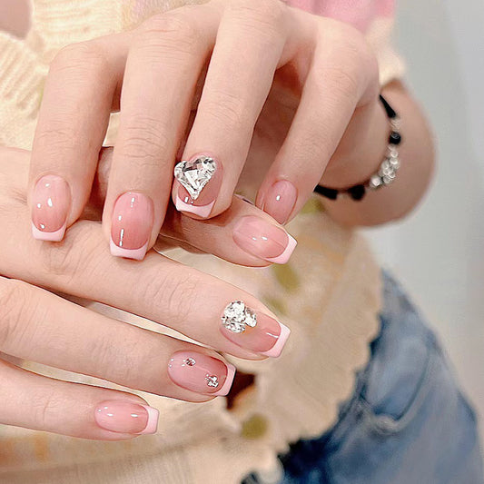 Charming Heartfelt Romance Medium Square Pink Press On Nail Set with Stunning Gem Accents