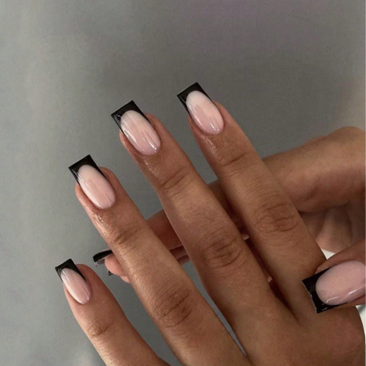 Elegant Evening Medium Square Shape Beige and Black Accent Press On Nail Set with French Tip Design