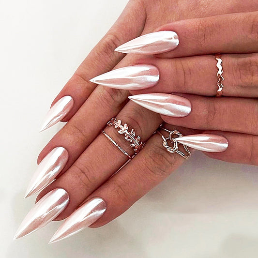 Elegant Bridal Extra Long Stiletto Pearl White Iridescent Press On Nail Set