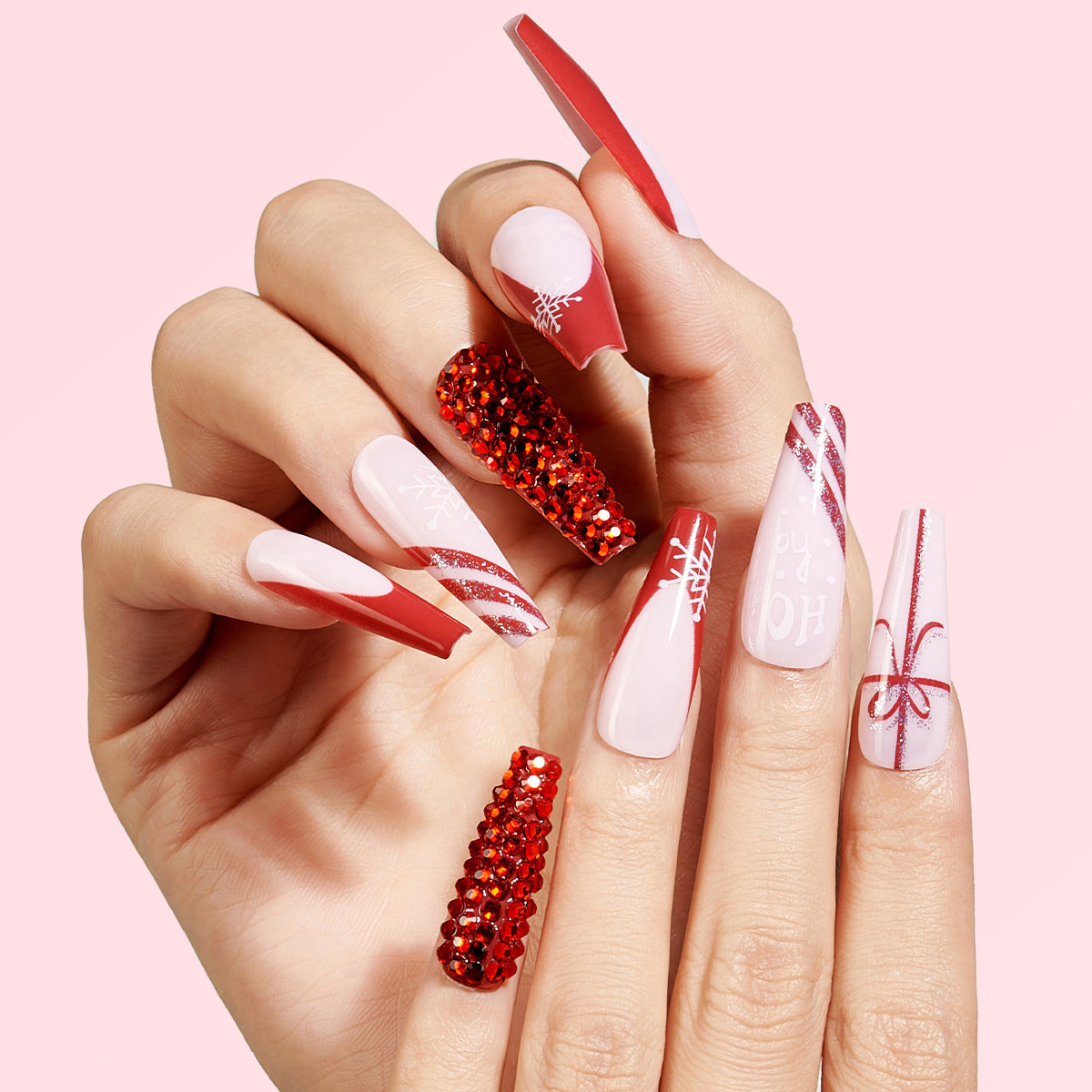 Festive Elegance Long Coffin Shape Red and White Glitter Rhinestone Press On Nail Set