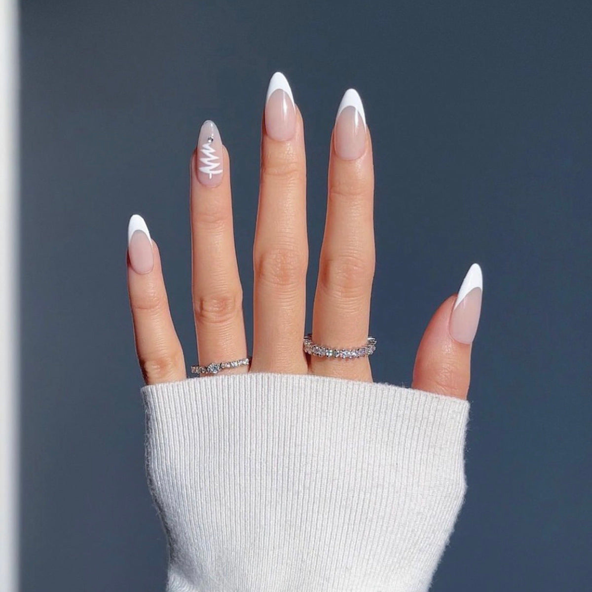 Elegant Waves Long Almond White and Beige Press On Nail Set with Accent Zigzag Design