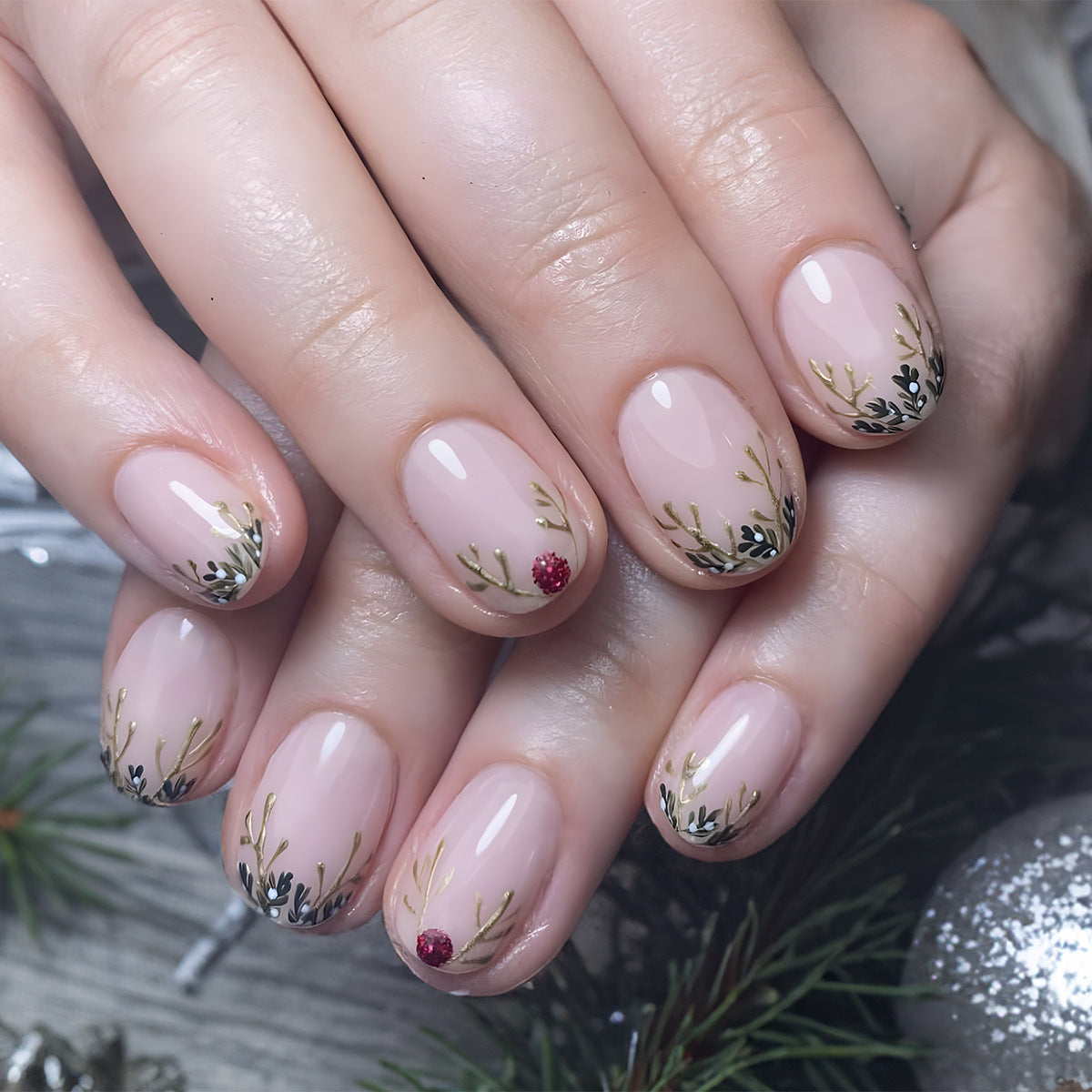 Festive Elegance Short Oval Beige with Gold and Red Floral Accents