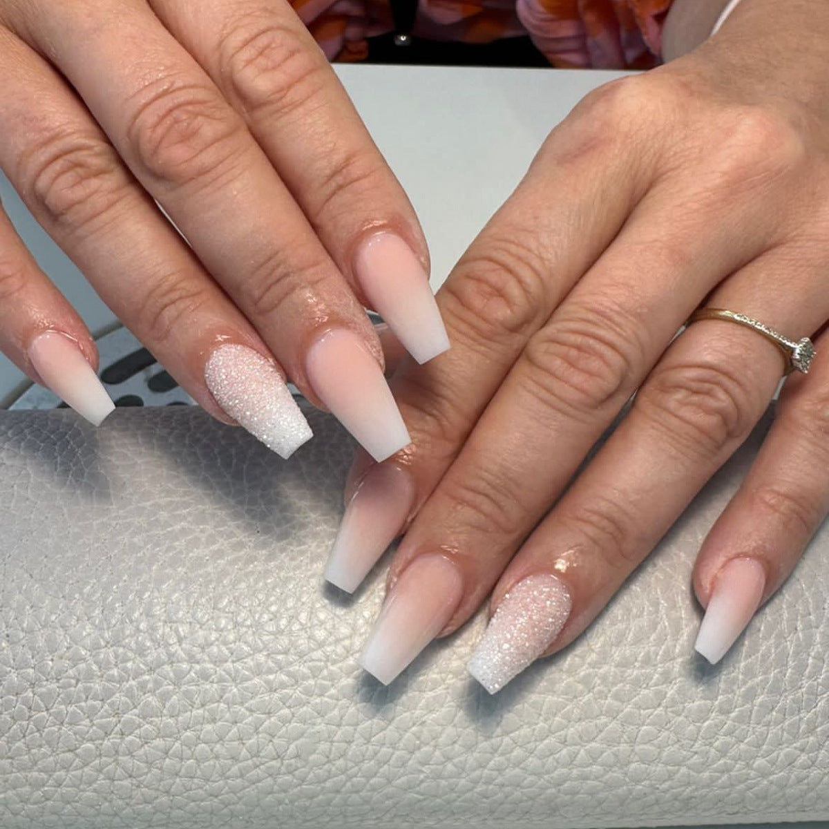 Glamorous Blush Long Coffin Ombre Pink and White Press On Nail Set with Sparkling Accent Design