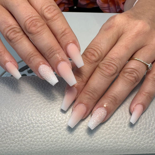 Glamorous Blush Long Coffin Ombre Pink and White Press On Nail Set with Sparkling Accent Design