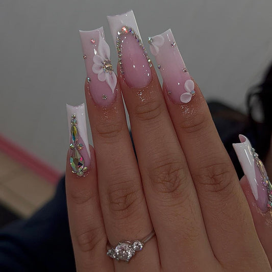 Blossoming Elegance Long Square Pink Glitter Ombre Press On Nail Set with Floral and Rhinestone Accents