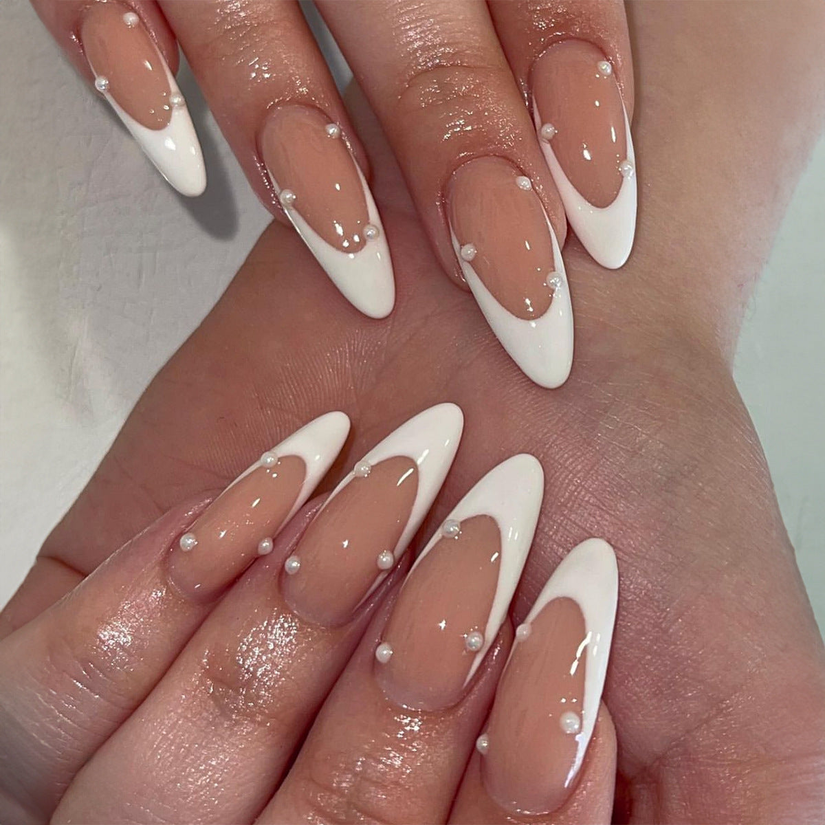 Elegant Glamour Almond Shaped Long White and Beige Press On Nail Set with Unique Pearl Accents