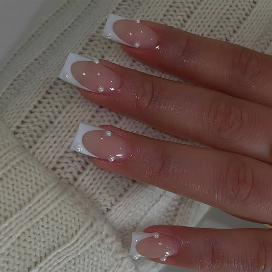 Elegant Pearl Adorned Long Square White and Beige Press on Nail Set for Chic Nail Art Enthusiasts