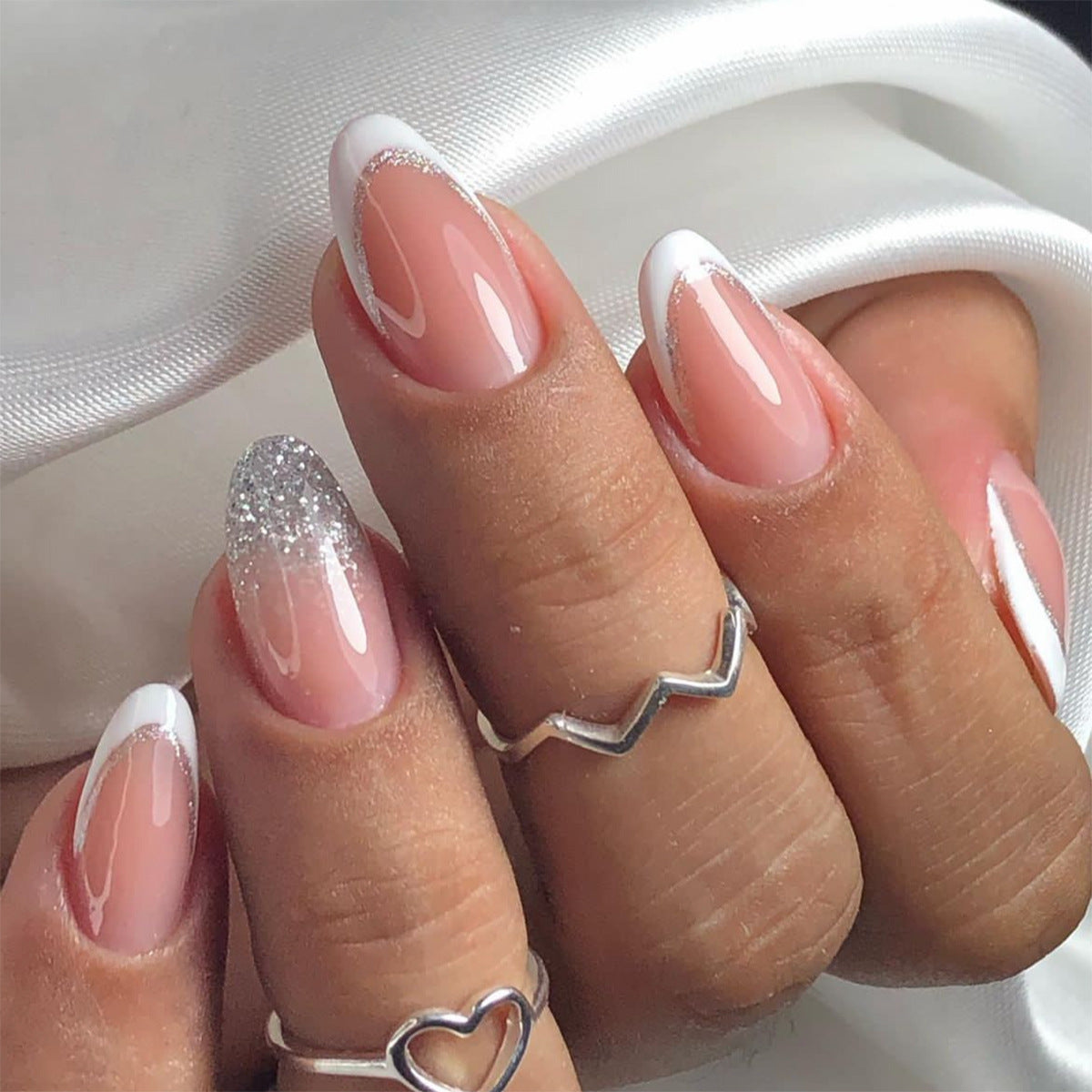 Elegant Dreamy Ombre Short Almond Transparent Pink with Glitter Accent Press On Nail Set