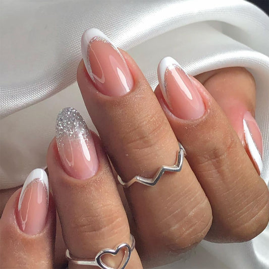 Elegant Dreamy Ombre Short Almond Transparent Pink with Glitter Accent Press On Nail Set