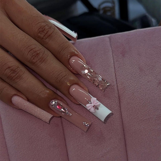 Elegant Affair Long Square beige Pink Press On Nail Set with Rhinestone Accents and Glitter Highlights