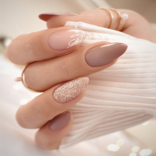 Elegant Bridal Long Almond Taupe Glitter Accented Press On Nail Set