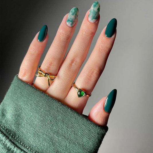 Emerald Oasis Almond Press On Nail Set Long Green Glossy and Marble Design