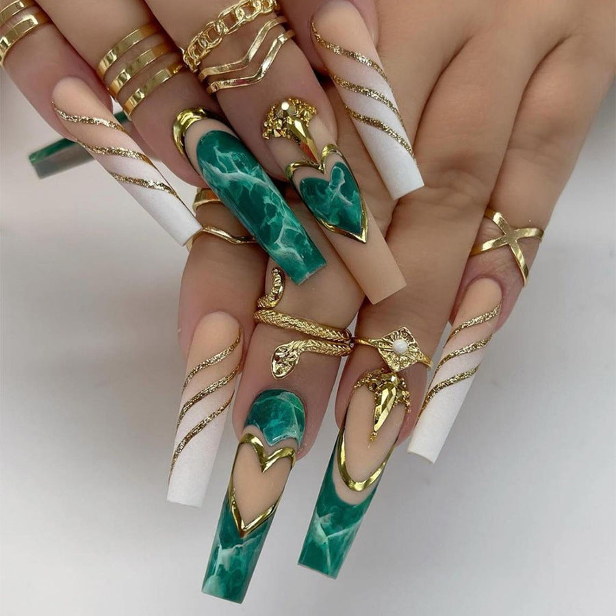 Ocean Elegance Extra Long Coffin Teal and White Press On Nail Set with Gold Accents and Swirl Design