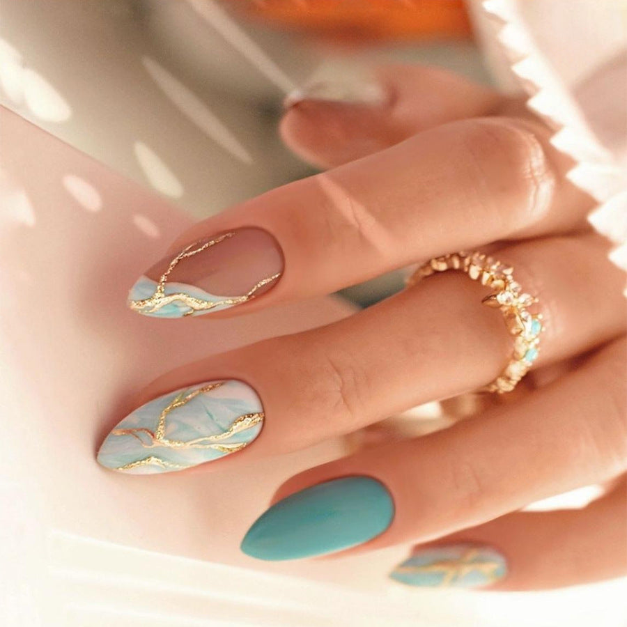 Ocean Breeze Long Almond Press-On Nail Set in Turquoise with Gold Accents and Marble Design