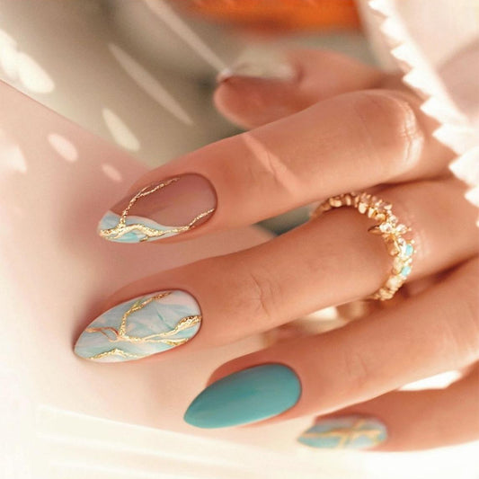 Ocean Breeze Long Almond Press-On Nail Set in Turquoise with Gold Accents and Marble Design