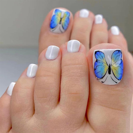 Butterfly Garden Short Square White Press On Nail Set with Hand-Painted Butterfly Accent Nail