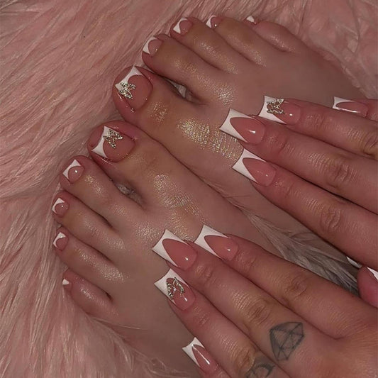 Glamorous Blush Pink Short Square and Square Press On Nail Set with Elegant Gold Accents