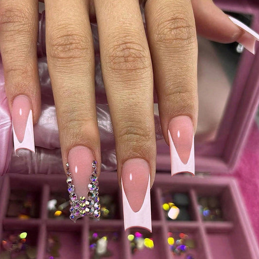 Luxury Bridal Collection Extra-Long Square Baby Pink Press On Nails with Rhinestone Accents