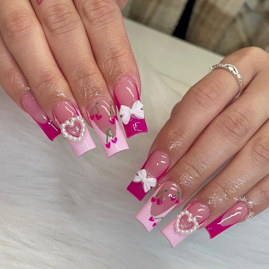 Romantic Blossom Long Square Pink Ombre Press On Nail Set with Heart and Bow Accents