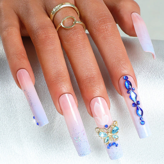 Butterfly Dream Long Square Shape Ombre Pink to Clear Press On Nail Set with Blue Rhinestone Accents