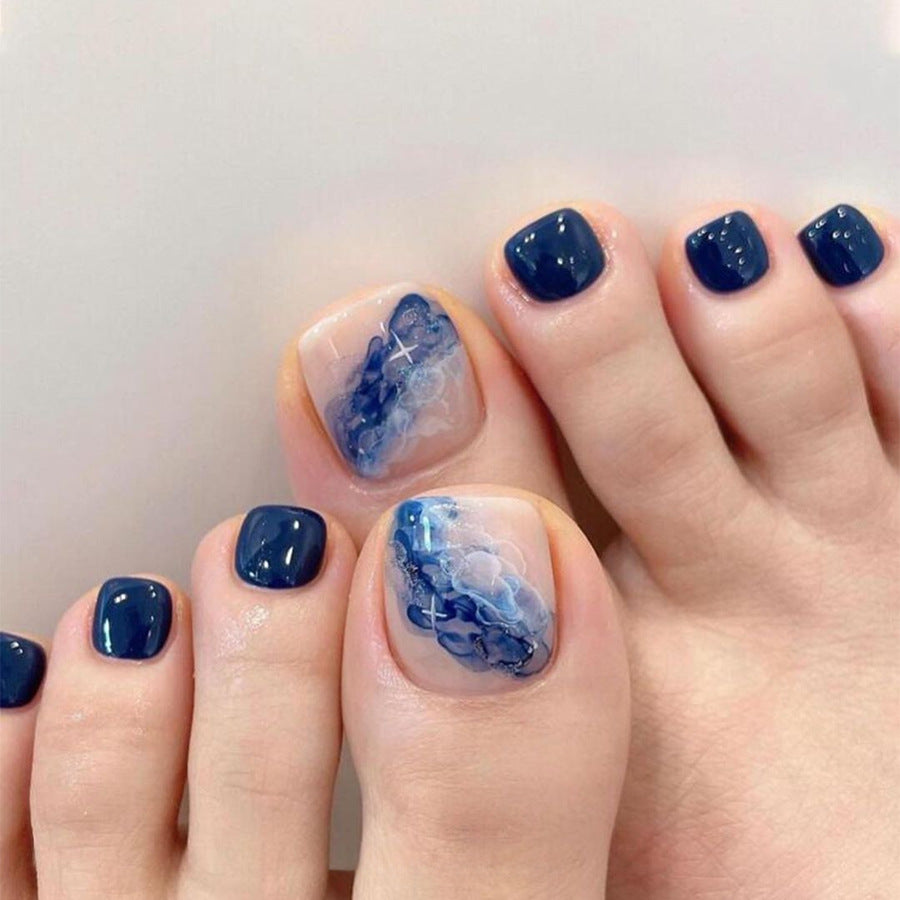 Ocean Breeze Square Short Navy Blue Press On Nail Set with Unique Flowing Watercolor Design