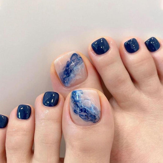 Ocean Breeze Square Short Navy Blue Press On Nail Set with Unique Flowing Watercolor Design