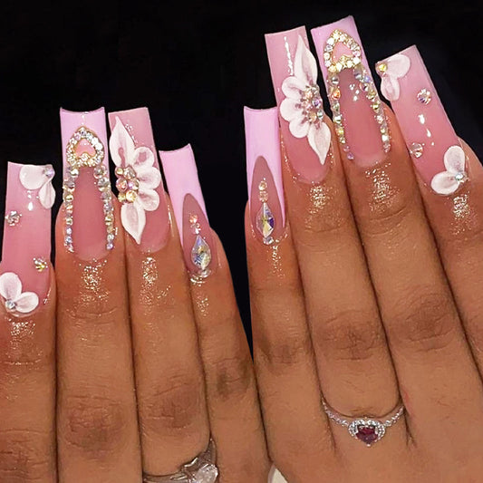 Elegant Spring Blossom Long Square Pink Press On Nail Set with 3D Flower Art and Rhinestone Embellishments